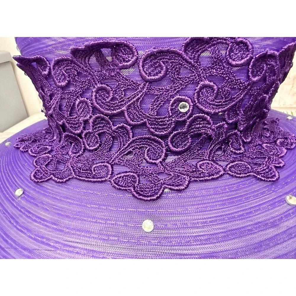 Mr Hi's Classic‎ Purple Wide Brim Lace Hat Ribbon Net Rhinestones Vintage 1970s